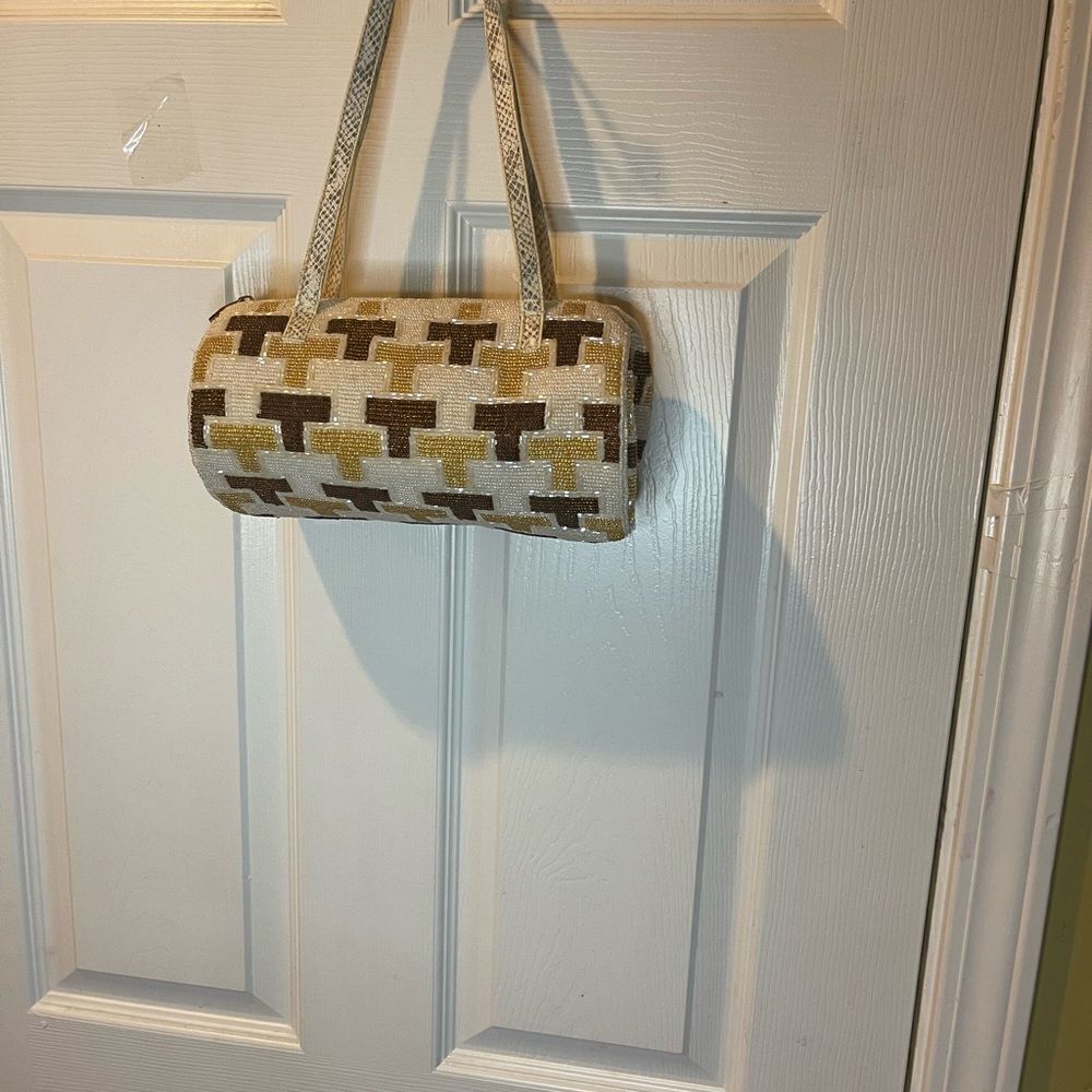 Eswanny beaded Brown,gold &beige satchel faux leather reptile print straps - Picture 2 of 16